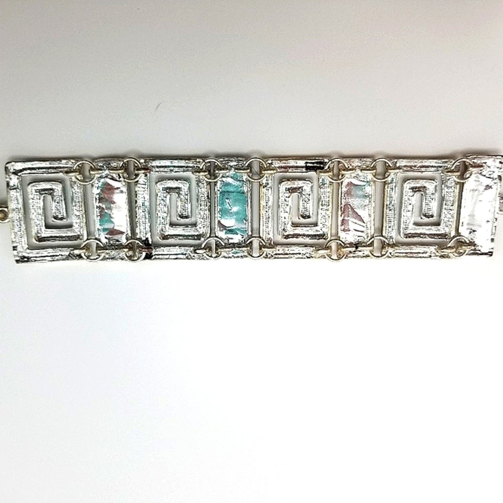 Greek Keysquare Bracelet Chunky Silvertone & Black Spiral Link T-Bar Closure - Picture 4 of 14